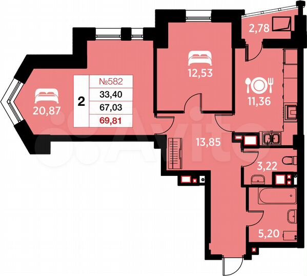 2-к. квартира, 69,8 м², 12/25 эт.