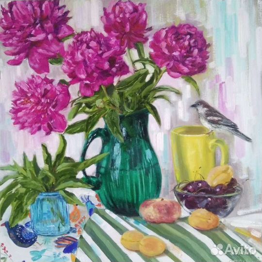 Картина с пионами и птичкой, натюрморт маслом лето