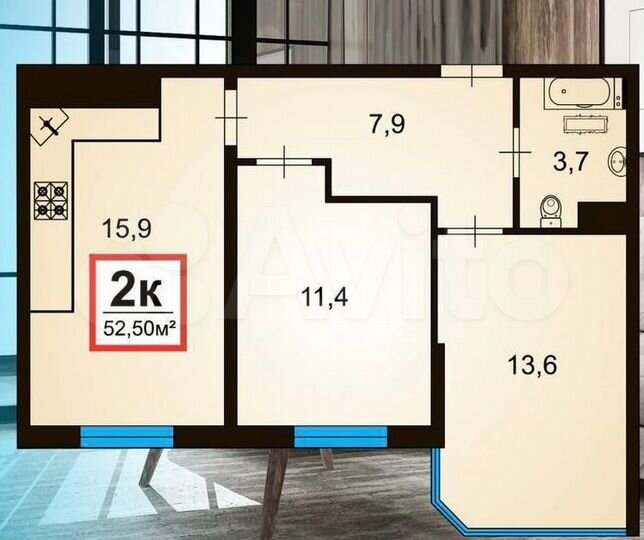 2-к. квартира, 53 м², 2/16 эт.