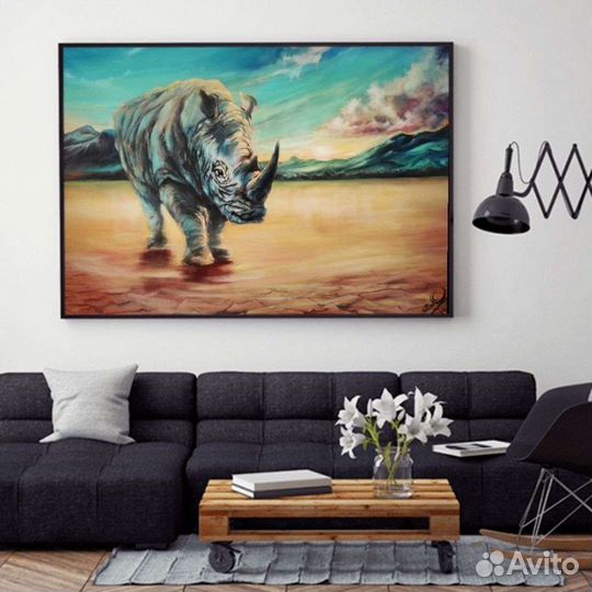 Картина маслом холст 100х80 Белый носорог
