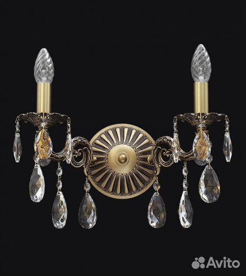 Бра на два рожка, бронза, хрустальные подвески