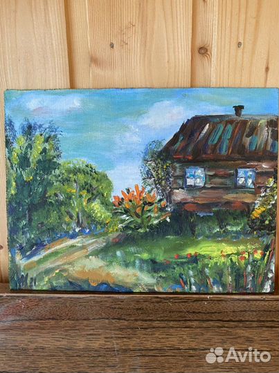 Живописная картина «Деревенька», холст на картоне