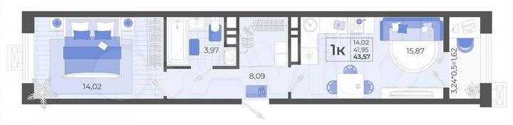 1-к. квартира, 43,6 м², 9/14 эт.