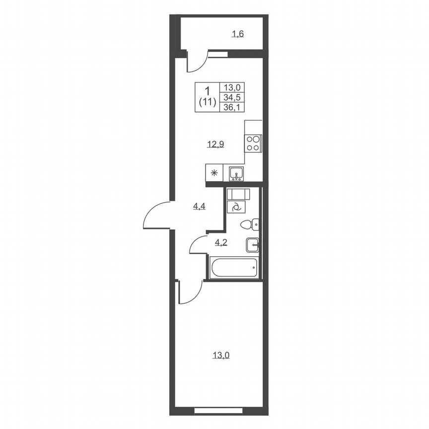 1-к. квартира, 36,1 м², 3/8 эт.