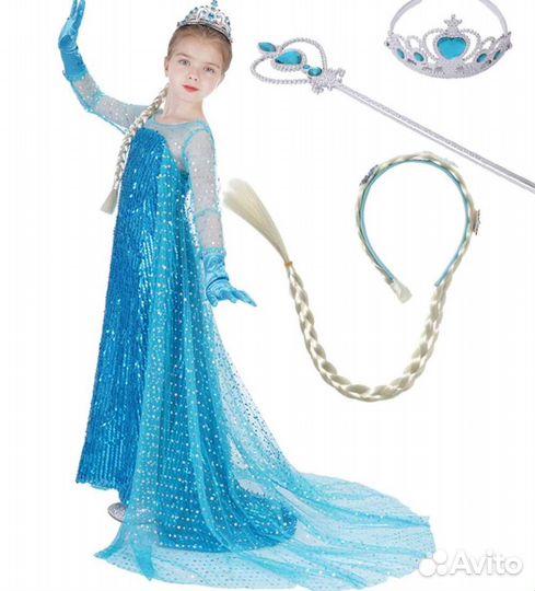 Платье голубое платье Эльзы с пайетками + корона