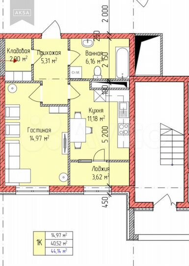 Своб. планировка, 44,1 м², 9/19 эт.