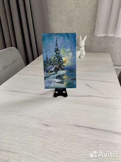 Картина маслом, зимний пейзаж, на картоне 14х23