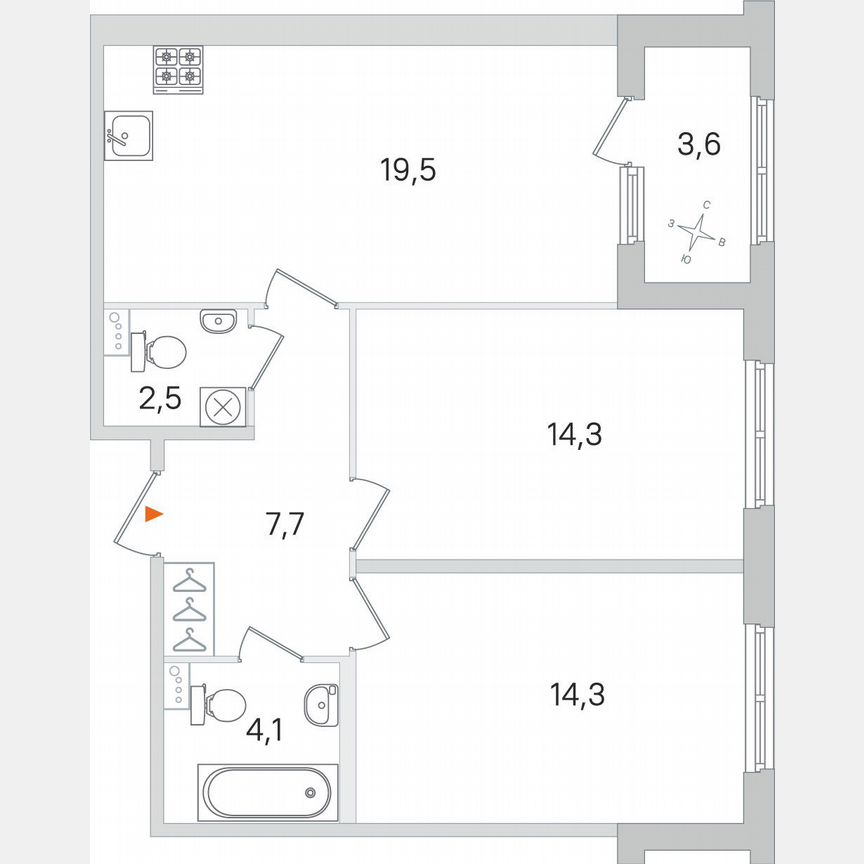2-к. квартира, 64,2 м², 1/4 эт.