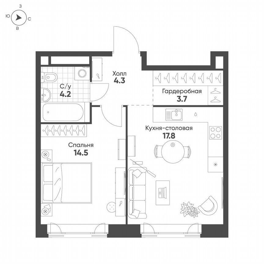 1-к. квартира, 44,5 м², 9/16 эт.