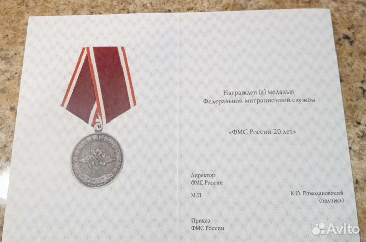Медаль 20 лет фмс России