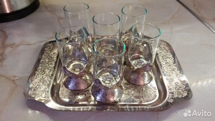 Рюмки с мельхиор. подносом, 80 год, ручная работа