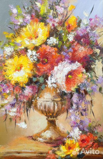 Букет цветов в вазе картина маслом на холсте 27х41