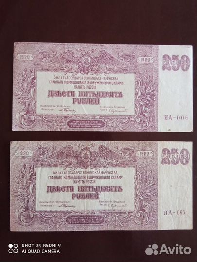 100,250,500 рублей 1920 года гк всюр врангель