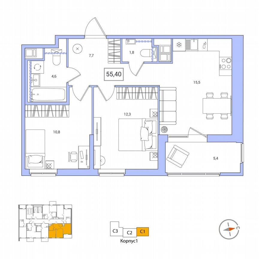 2-к. квартира, 55,4 м², 12/12 эт.