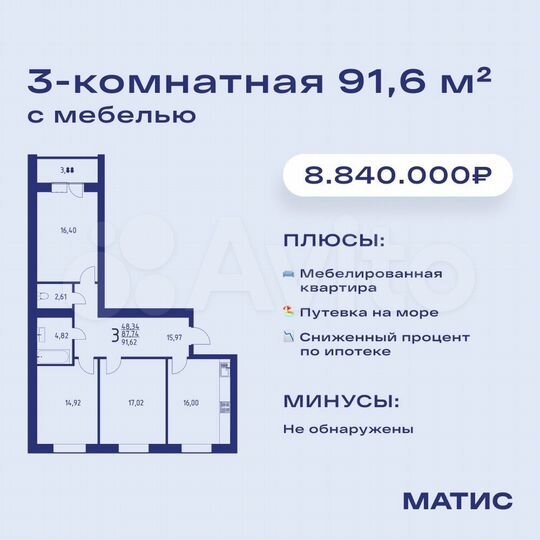 3-к. квартира, 87,7 м², 2/10 эт.