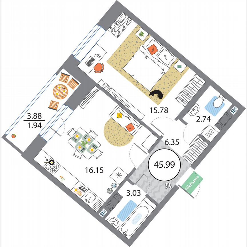 1-к. квартира, 46 м², 11/12 эт.