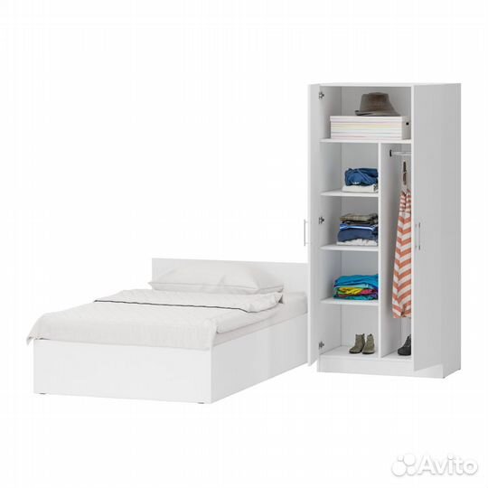 Кровать белая односпальная 1200 со шкафом для одежды 2-х створчатым Стандарт, цвет белый, спальное м