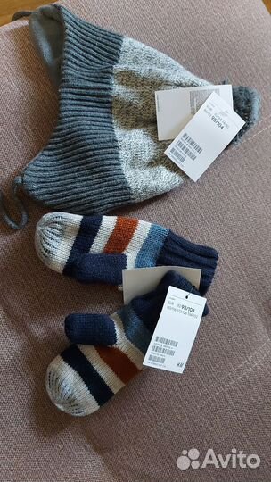 Бронь. Шапка и варежки hm 98-104 на флисе новые