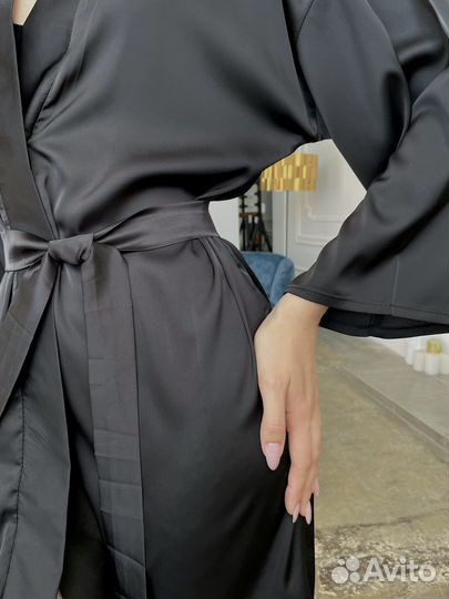 Халат женский шелковый черный