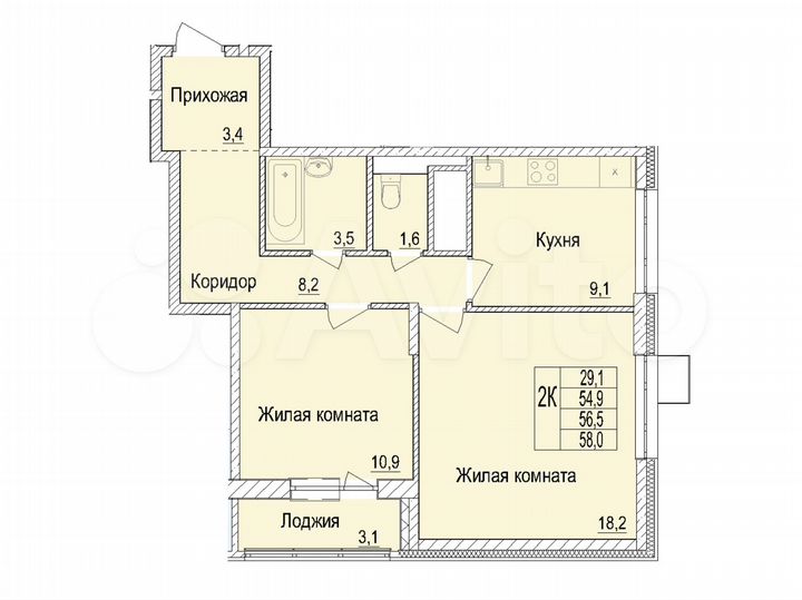 2-к. квартира, 56,5 м², 14/25 эт.