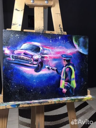 Картина акрилом на холсте космос волга полицейский