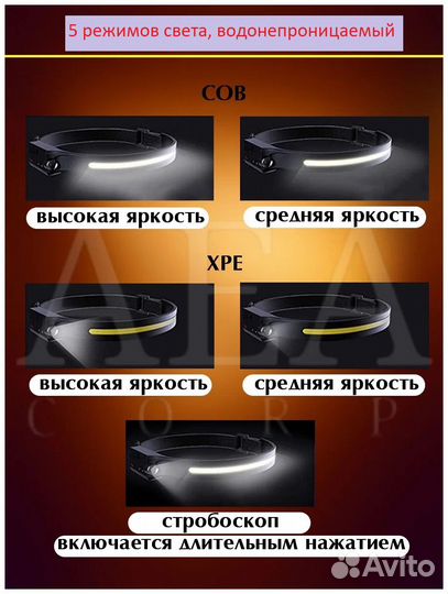 Фонарь налобный с аккумулятором с датчиком движени