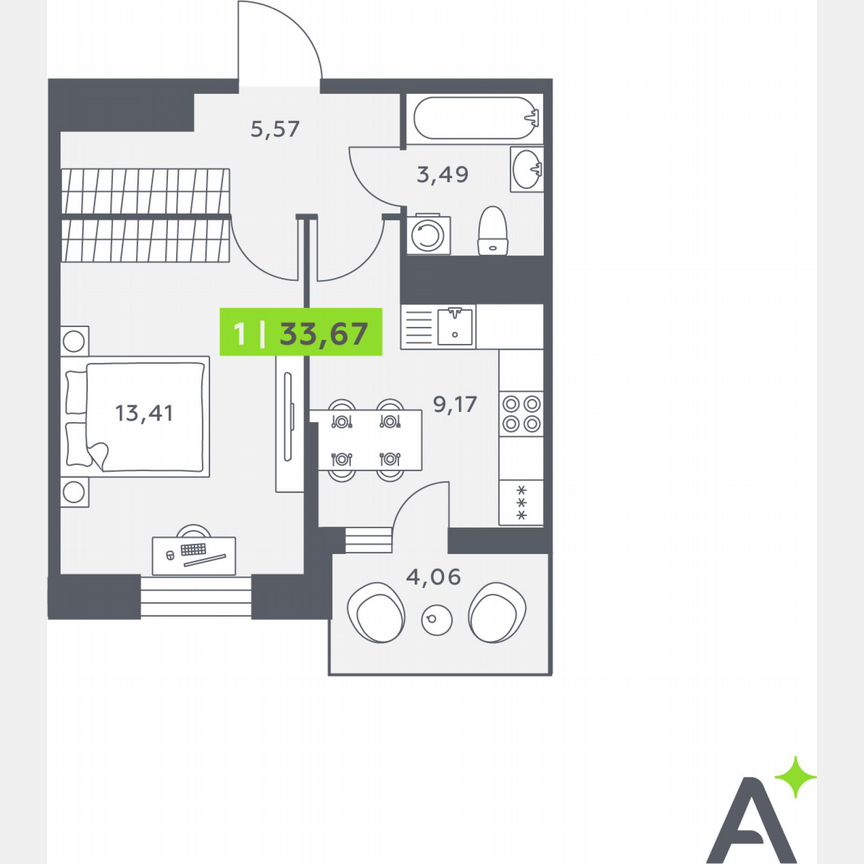1-к. квартира, 33,3 м², 9/12 эт.