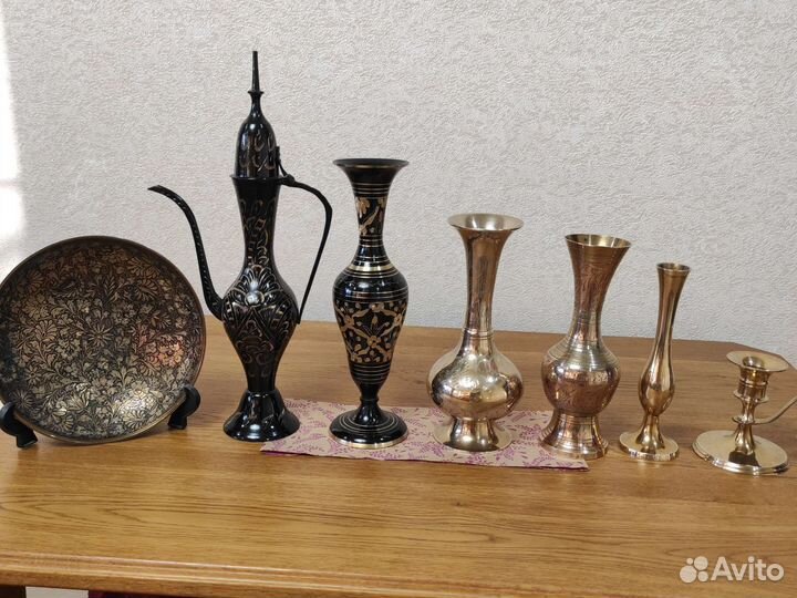 Латунь Индия кувшин, ваза, подсвечник одним лотом
