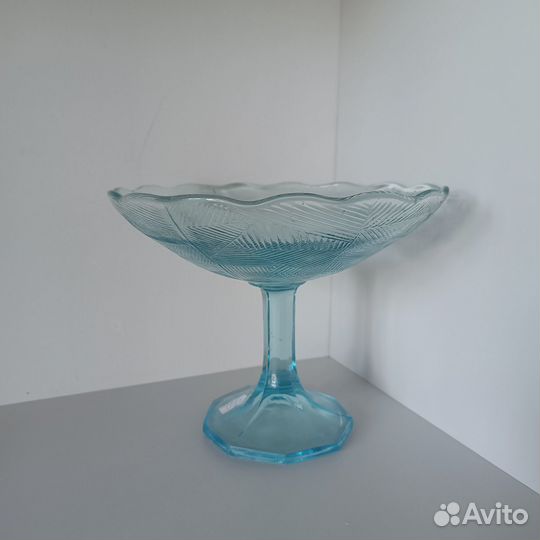 Ваза для фруктов на ножке СССР купоросное стекло