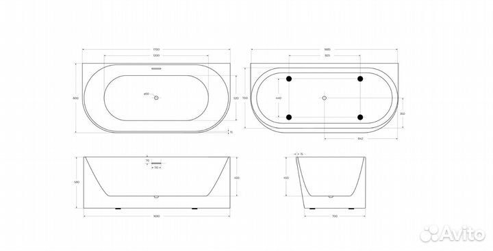 Ванна акриловая пристенная BelBagno BB412-1700-800