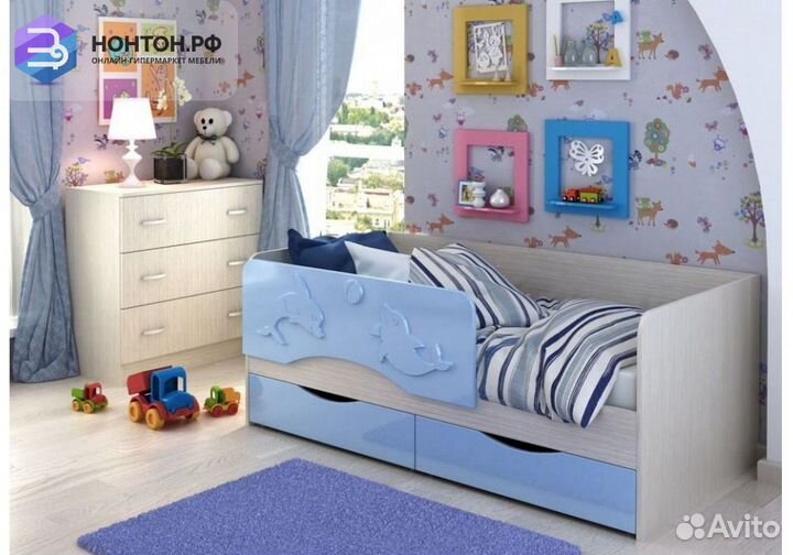 Детская кровать Алиса голубой металлик /дуб белфор