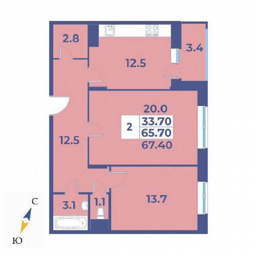 2-к. квартира, 67,4 м², 2/5 эт.