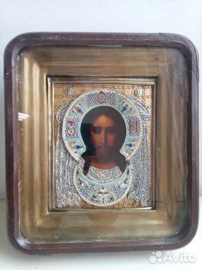 Икона Спас Нерукотворный серебро эмаль скань