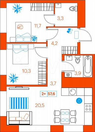 2-к. квартира, 57,6 м², 19/21 эт.