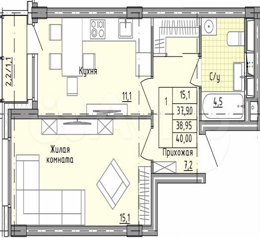 1-к. квартира, 40,1 м², 9/25 эт.