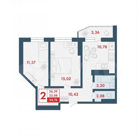 2-к. квартира, 54,8 м², 13/16 эт.