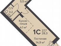 Квартира-студия, 28,3 м², 3/6 эт.