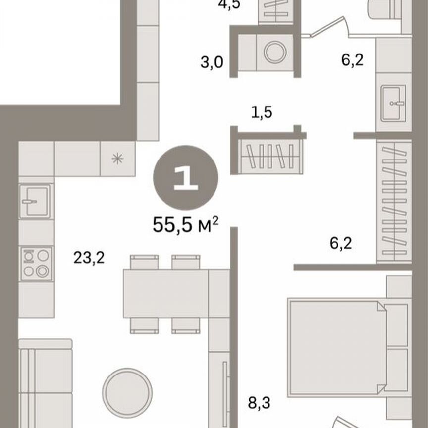 1-к. квартира, 55,5 м², 8/15 эт.