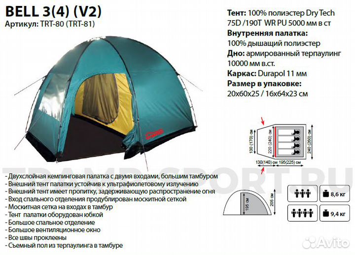Палатка кемпинговая Tramp Bell 3 зеленая