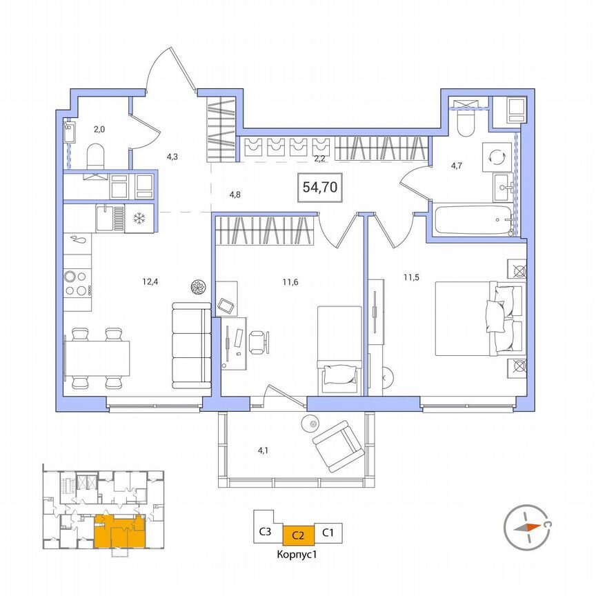 2-к. квартира, 54,7 м², 6/12 эт.