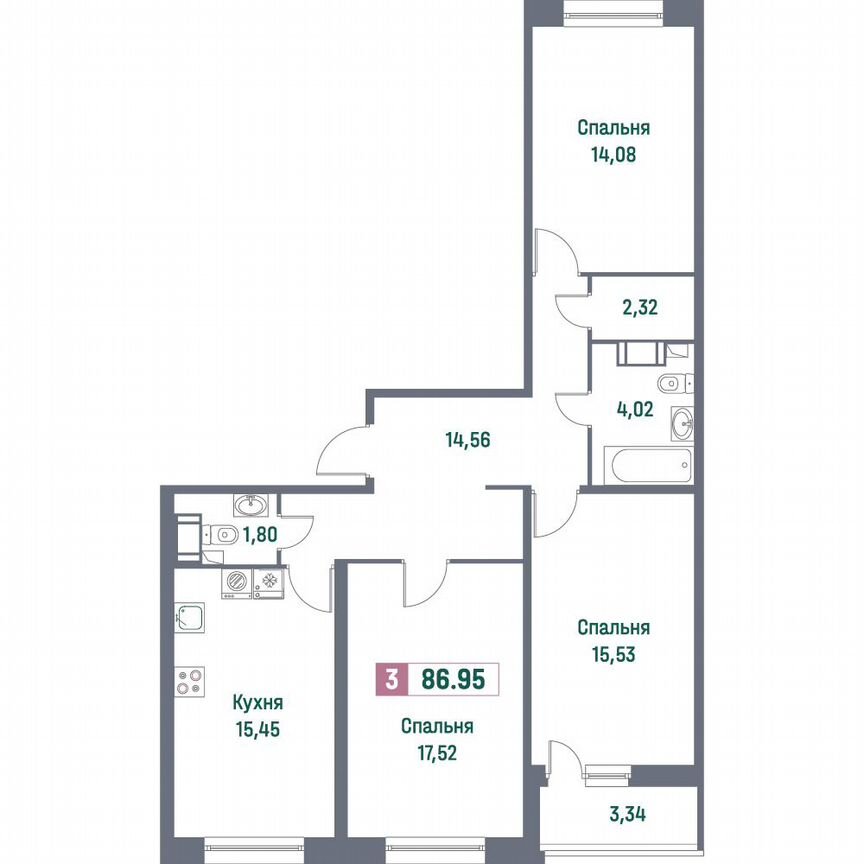 3-к. квартира, 87 м², 2/16 эт.