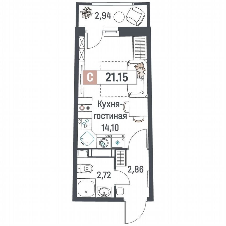 Квартира-студия, 21,2 м², 11/18 эт.