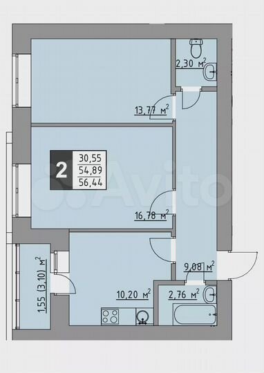 2-к. квартира, 56,4 м², 9/9 эт.