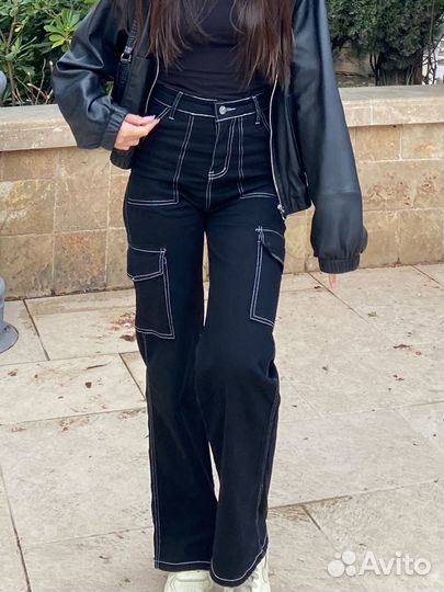 Джинсы карго прямые черные женские с карманами