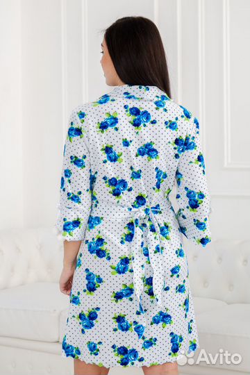 Халат женский из велюра Светлана синие цветы