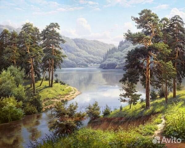 Алмазная мозаика 40x50 Густой хвойный лес на берег