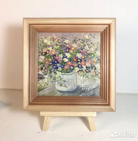 Картина маслом: Букет полевых цветов. Мини картина