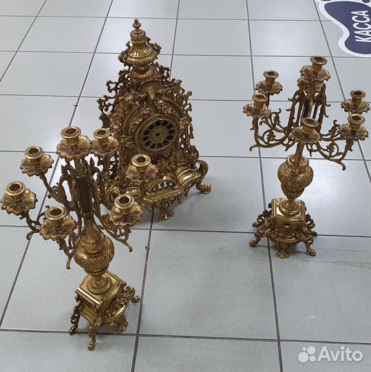 Пара подсвечников + часы, бронза, Италия