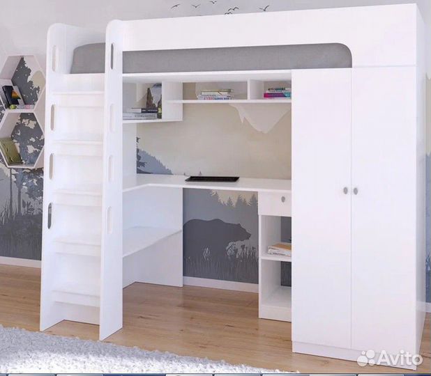 Кровать чердак со столом и шкафом Сонома/Железный