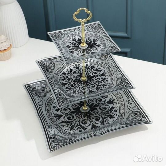 Этажерка 'Узоры', 3 уровня, цвет серебристый с чер